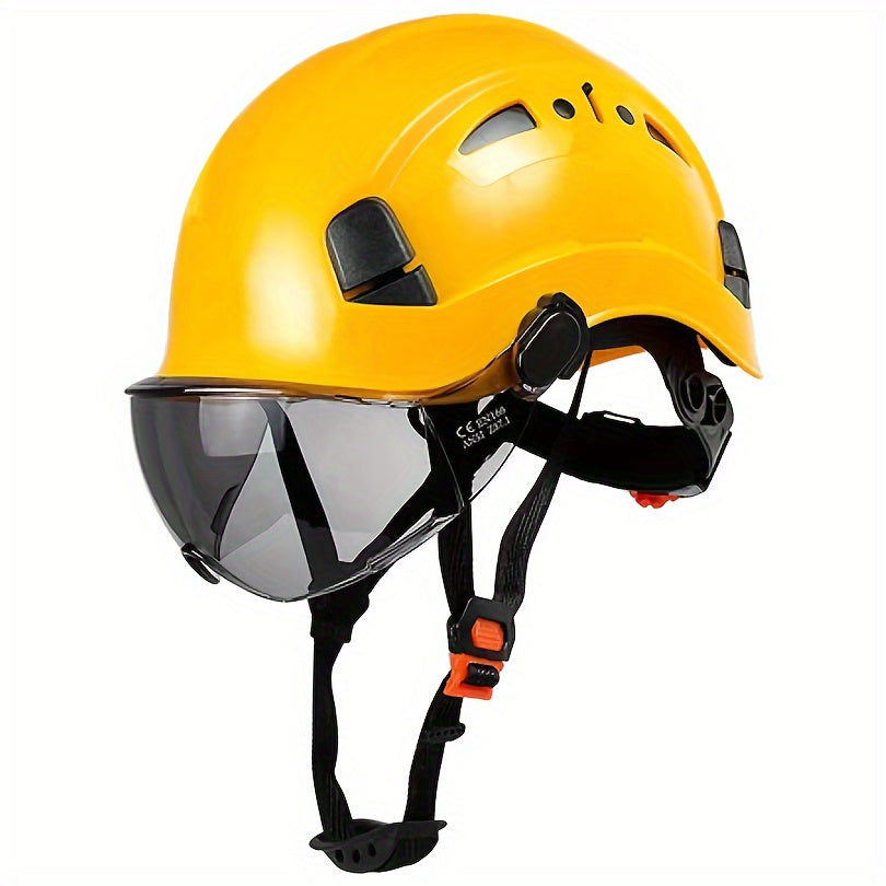 Capacete de segurança ajustável com viseira integrada - Plástico ABS durável, design ergonómico para utilização na construção civil e indústria, branco, equipamento de segurança para a construção, acabamento brilhante elegante, tiras de ajuste seguro.