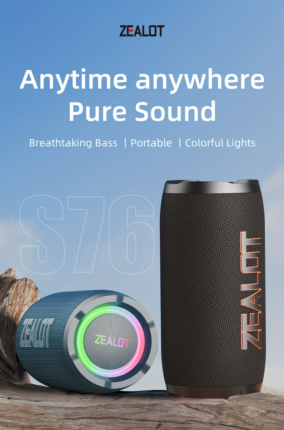 ZEALOT S76 50W Wireless Speaker, Outdoor Portable with RGB Lighting, 8-Hour Playtime, Supports Phone, Tablet, PC, TV. SD, USB, AUX, Dual Pairing Function, Suitable For Car, Camping, Beach, Party