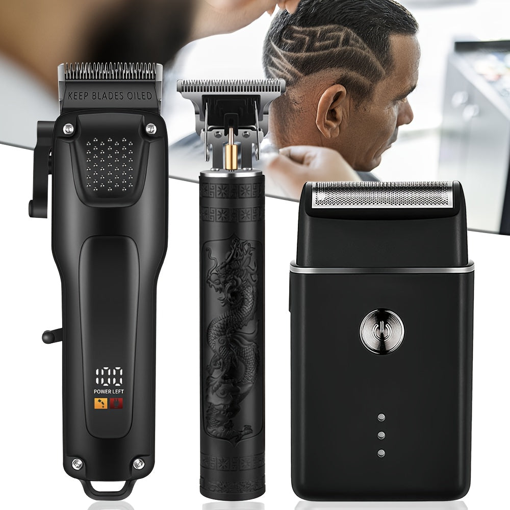 3pcs Men'S Professional Hair & Beard Grooming Kit - Cordless Clippers with LED Display, Precision Trimmer Set, USB Rechargeable, For Home, Perfect Holiday Gift