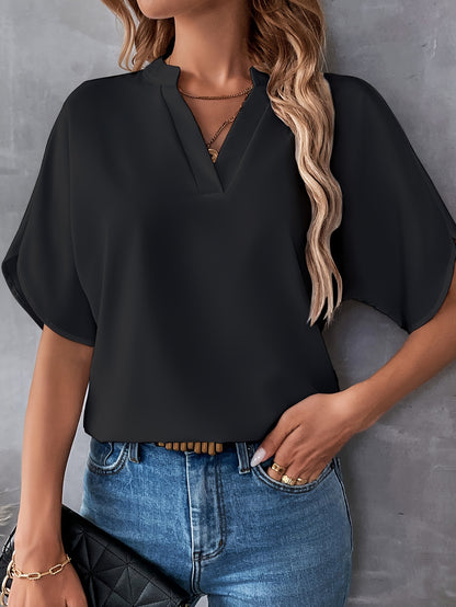 Solid Color Notch Neck Blouse, Casual Short Split Sleeve Blouse For Spring & Summer, Women's Clothing
