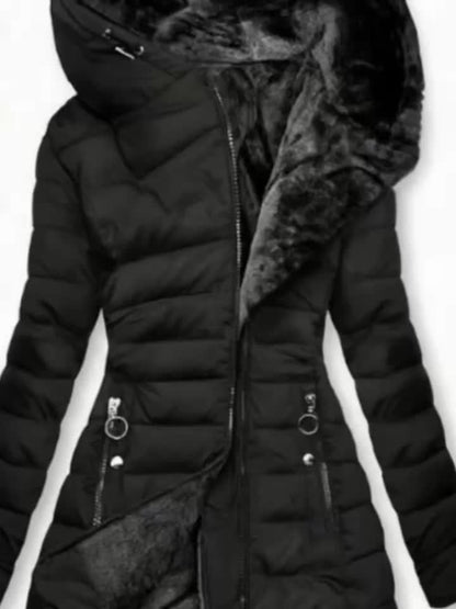 Women's Winter Fleece-Lined Hooded Jacket - Mid-Length Relaxed Fit Coat with Zipper Front, Long Sleeve Casual Outerwear for Cold Weather
