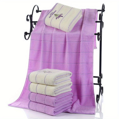 3pcs Lavender Pattern Towels Set, Including Bath Towel 70.0*140.0cm, 2 Face Towels 34.01*73.99cm, Bathroom Comfortable Soft Fabric Towels, Bathroom Supplies