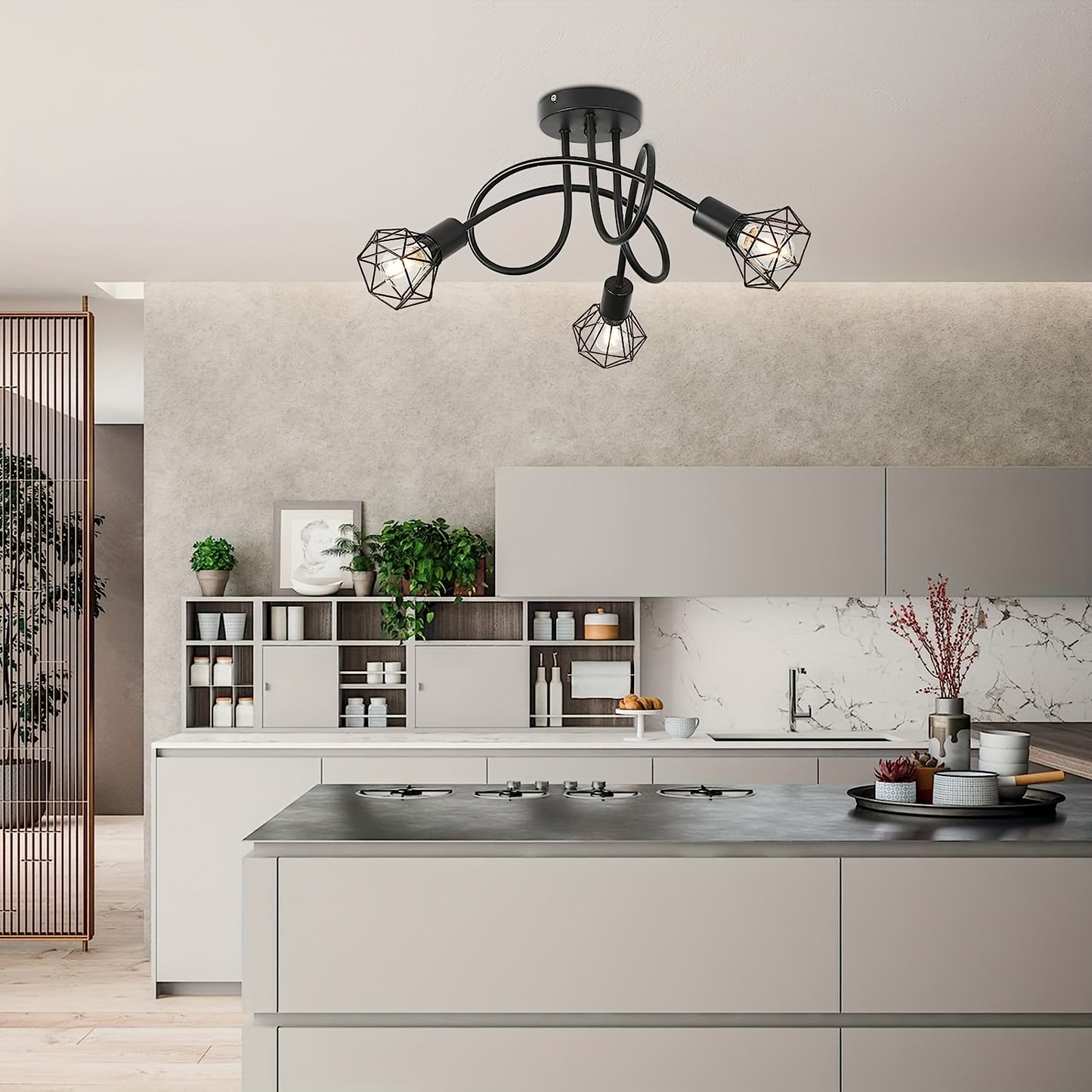 1pc Industrial 3 Way Ceiling Light, Hanging Light, Semi Flush Mount E14 Base, Black Metal Cage 3 Lights, Bedroom, Living Room, Dining Room, Hallway, Ceiling Light Fixture (Bulb Not Included)