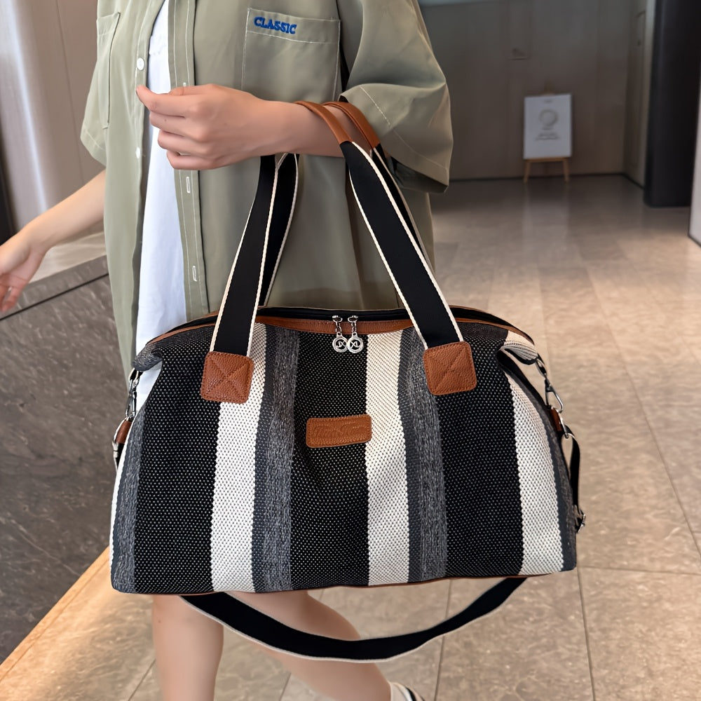 HUOHUO Women's Large Capacity Retro Striped Travel Handbag & Carry-On Luggage - Lightweight Nylon Suitcase with Adjustable Strap, Golden-Tone Hardware, Zipper Closure & Lining - Casual & Formal Use for Airplane, Train, Car Tr