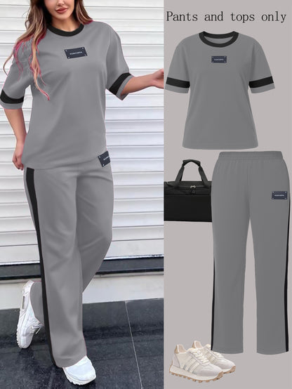 Tendência de moda outono: Conjunto de duas peças para menina composto por t-shirt de manga curta com gola redonda e blocos de cor + calças direitas casuais com cintura elástica e corte largo.