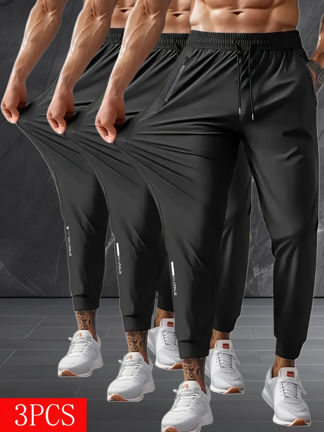 3-Pack Men's Elastic Drawstring Sweatpants - Casual Joggers with Zipper Pockets, Suitable for Gym, Basketball, Camping, Fishing, Beach Running