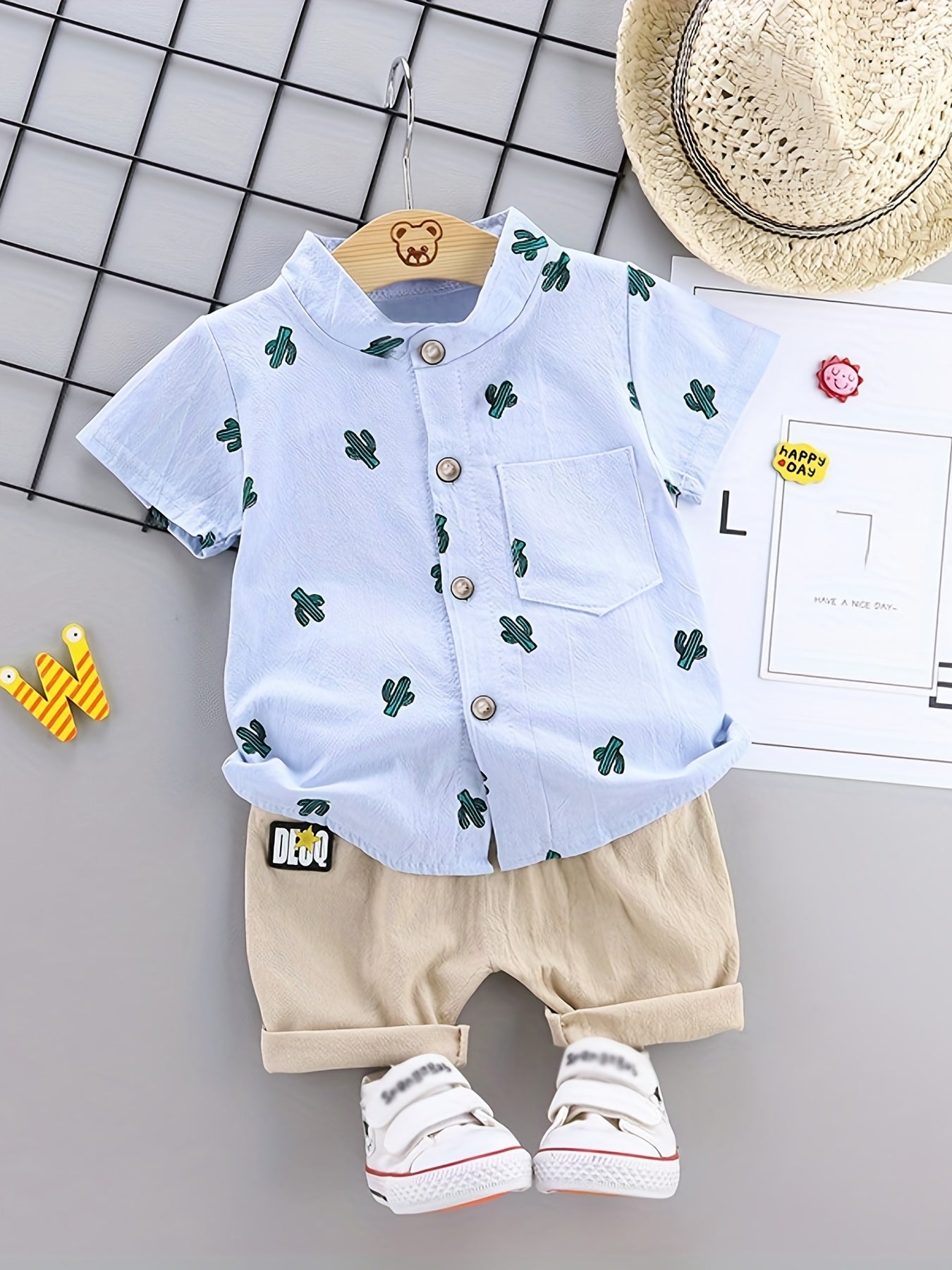 2pcs Baby Boys Dinosaur Print Button Short Sleeve Shirt Top & Elastic Waist Shorts Set Toddler Summer Clothes For Daily & Outdoor Wear