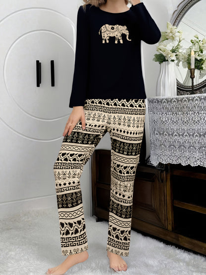 Simple Elephant Pattern Women's Pajama Set with Long Sleeves