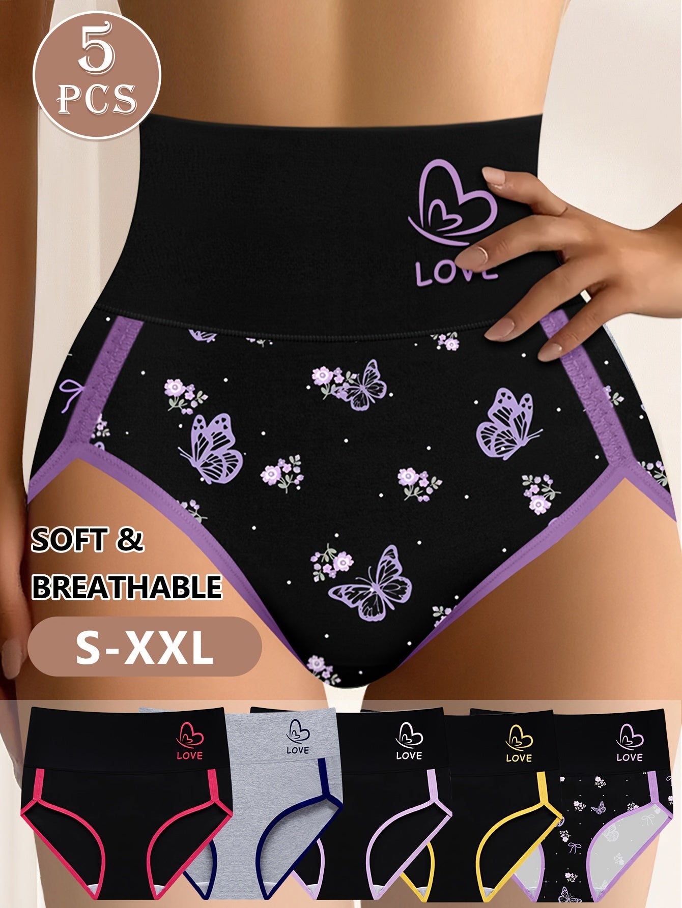 5-Pack Women's High Waist Briefs - Color Block Design, Soft Comfortable Triangle Underwear with Multi-Color Options, Non-Transparent & Hand Wash Only for Everyday Elegant Wear