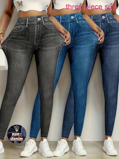 【imitation denim】New Three-Piece Set Imitation Faux Denim Women'S Slim Leggings - Elegant Stretchy Skinny Pants, Suitable for All Seasons, Can Be Worn As Casual Or Formal Attire, Machine Washable, Comfortable And Stylish