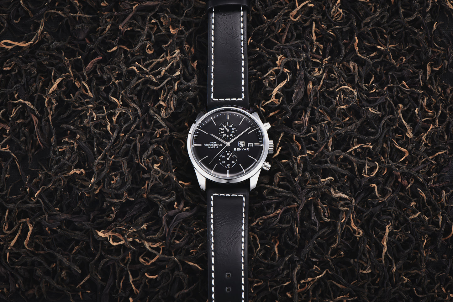 1pc New BENYAR Men's PU Leather Quartz Wristwatch, Men's 100M Multifunctional Watch Military Sports Chronograph Watch For Men