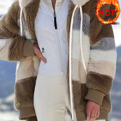 Women's Plush Faux Fur Hooded Jacket - Loose Fit Color Block Coat with Blue/Beige/White/Black Design, Long Sleeve Winter Warmth, Machine Washable for Casual & Formal Outfits, Ladies Winter Coats, Autumn Layering Piece, Formal
