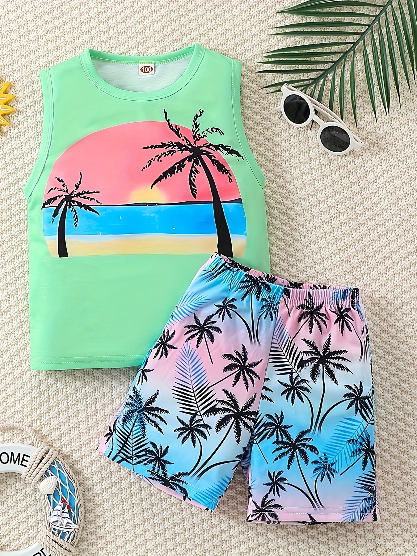 Boy's Coconut Trees Casual Outfit Round Neck Tank Top & Shorts Comfortable Breathable For Summer Kids Clothes Sets, Ideal For Daily & Outdoor Wear