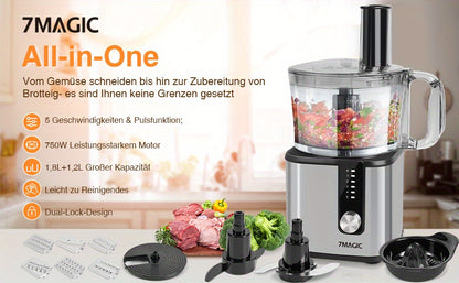 11 in 1 Food Processor Stainless Steel StandMixer 750W Dough Machine 1.8L+1.2L Mixer 5 Levels Mixer, With Chopping Blending Kneading Grinding Whisking Juicing