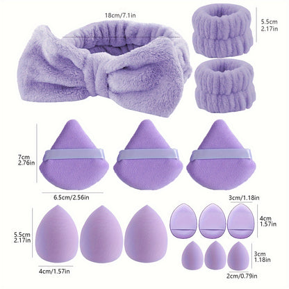 15 Pieces Facial Makeup Tools - 12pcs Ultra Soft Washable Face Body Powder Puff Makeup Sponge For Loose Powder Body Cosmetic Foundation Sponge Makeup Tool With 1pc Bowknot Headband & 2pcs Wristbands