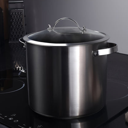 PureCook IH Stainless Steel High Pot 6/15L with Double Handle and Tempered Glass Lid - Suitable for Stew, Soup & Induction Cooking - Durable Food Grade, Even Heating, Thick Material, Non-Toxic, Cool Touch Handle, Perfect Kitc