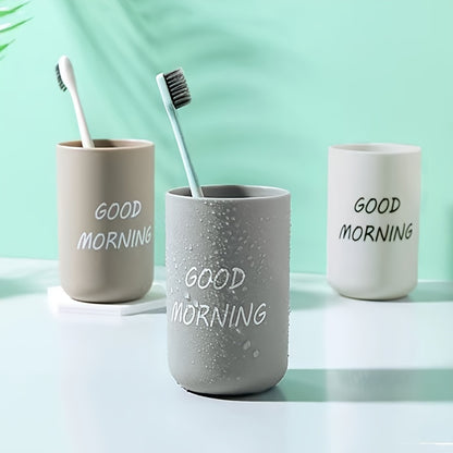 1pc Minimalist Plastic Toothbrush Cup, "Good Morning" Printed Family Bathroom Rinse Mug, Creative Oral Care Cups, Toothbrush Cup