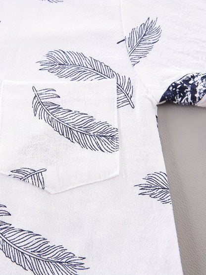 Conjunto casual para bebé menino - Camisola de manga curta e calções com estampado de penas - Conjunto infantil de 2 peças para atividades ao ar livre