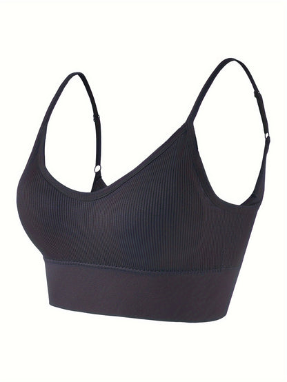 Solid Ribbed Sports Bra, Comfy & Breathable Workout Fitness Intimates Bra, Women's Lingerie & Underwear
