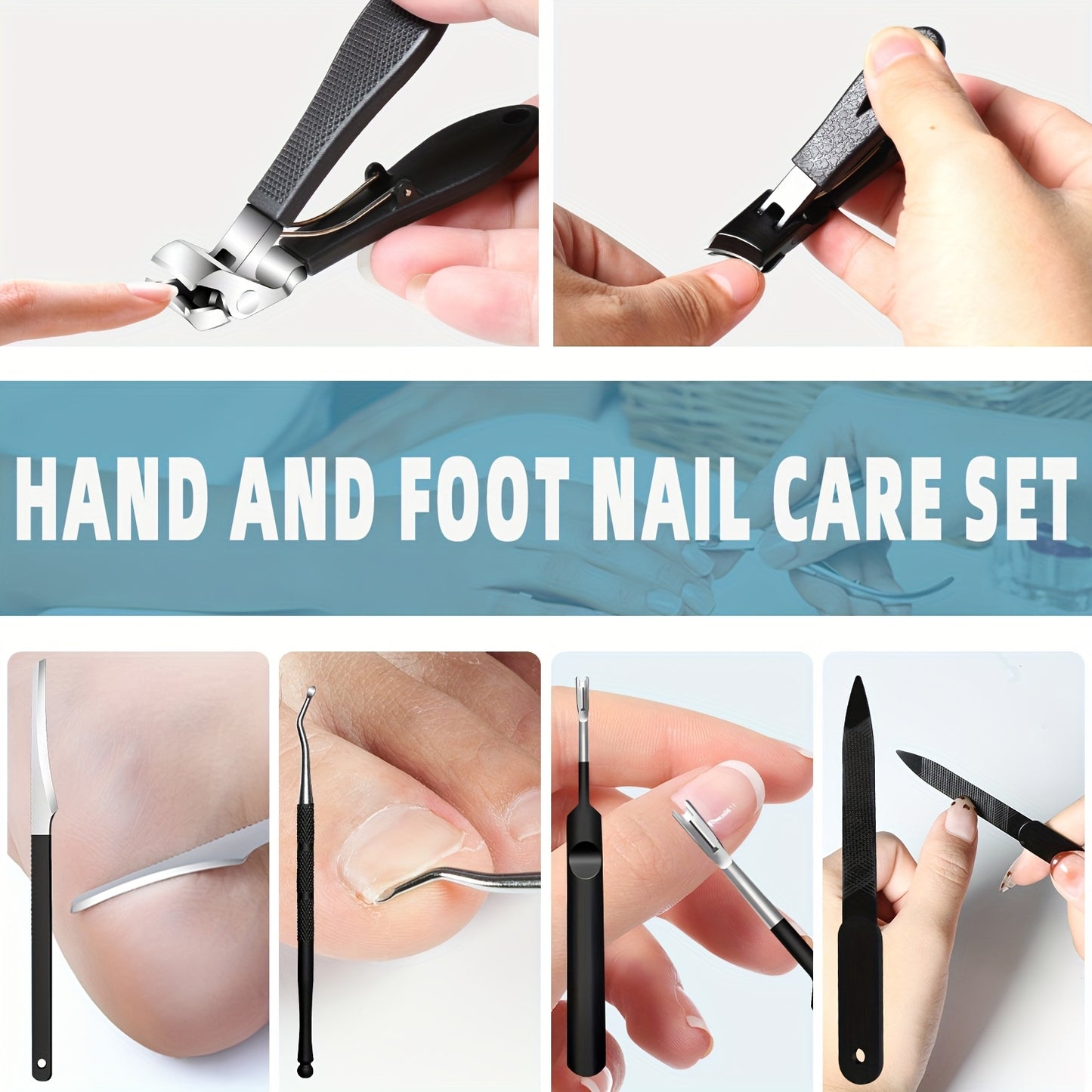 7pcs Stainless Steel Nail Care Kit for Ingrown & Thick Toenails - Heavy-Duty Clippers Set with Nail File, Cuticle Nippers, And Grooming Tools - Classic Black Handles for Men, Women, Seniors, Halloween Gift, DUANGDUANGBIU