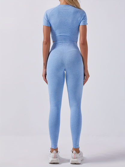 4pcs Seamless High Stretch Women'S Yoga Set - Solid Color Knit Athletic Outfit with Crop Top, Wide Waistband Leggings, Shorts, and Sports Bra for Running, Fitness - All Seasons, Round Neck, Nylon