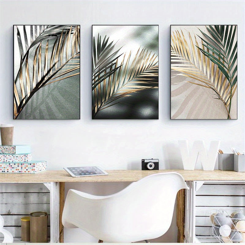 3pcs Nordic Botanical Wall Art - Golden Palm Leaf Plant Canvas Painting - Scandinavian Decoration - Home Decor - No Frame
