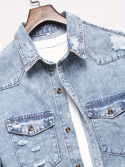 Men's Trendy Ripped Design Casual Button Up Long Sleeve Denim Shirt, Men's Clothes For Spring Summer Autumn, Tops For Men