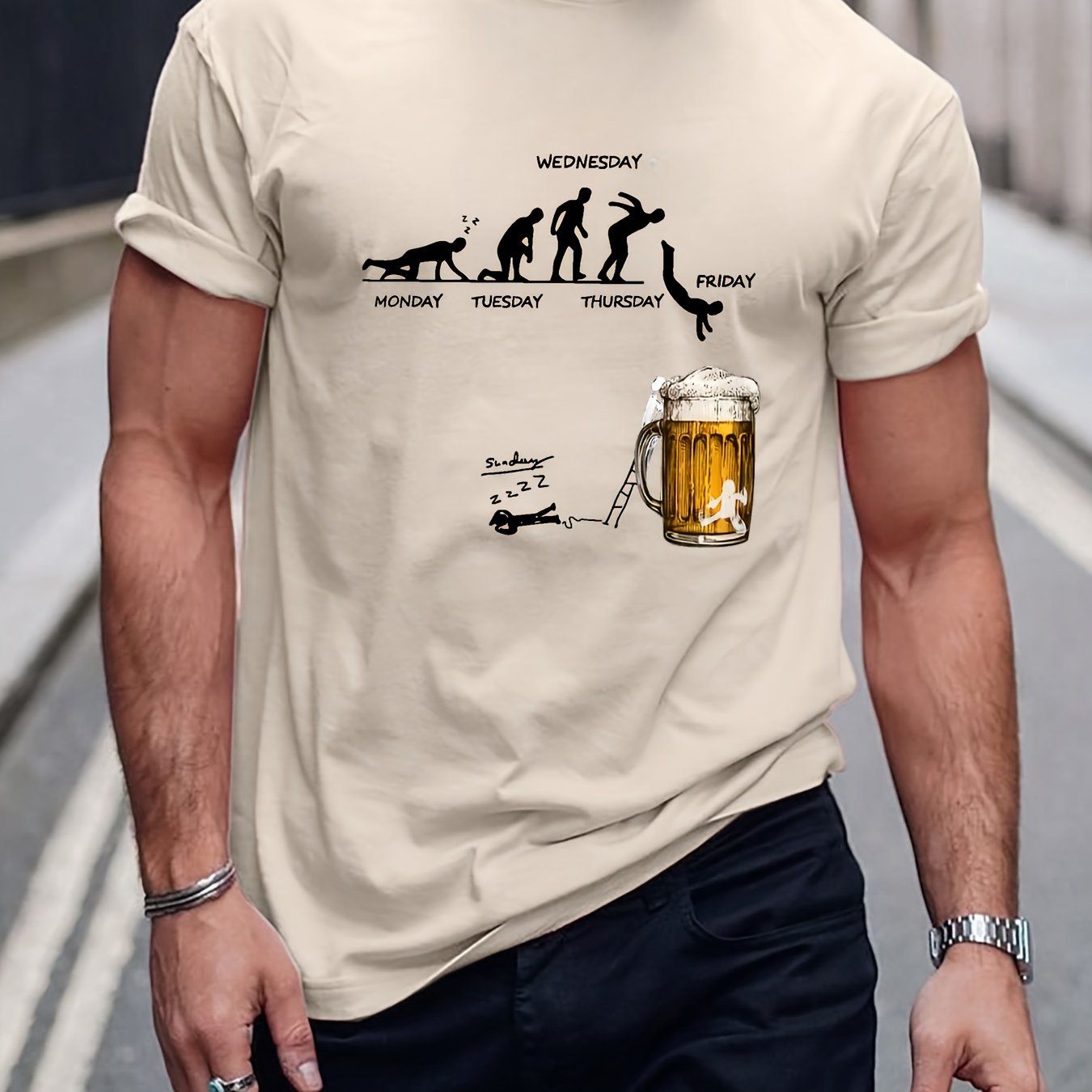 Men'S 100% Cotton Graphic T-Shirt - "Wednesday" Beer Mug Design, Casual Crew Neck, Short Sleeve, Regular Fit, 210g/㎡, Perfect for Barbecues & Parties, Party Tshirt | Playful Design | Durable Fabri