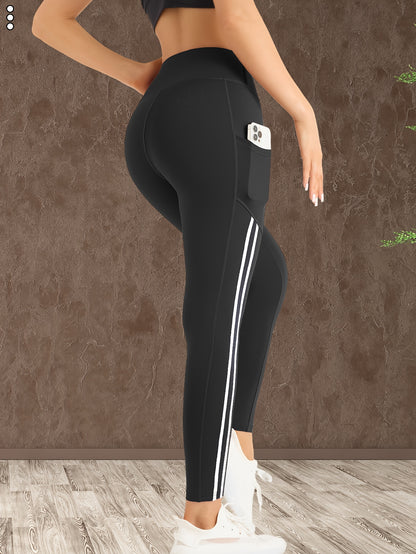 Women's High-Waisted Leg Pants - Full-Length Side Stripe Pants with Tummy Control & Leg Lift Design, 4-Way Stretch Pants for,, - All-Season Elastic Leg Warmth, Solid Black Leg Warmth & Muscle-Defining Pants (Machine Washable)