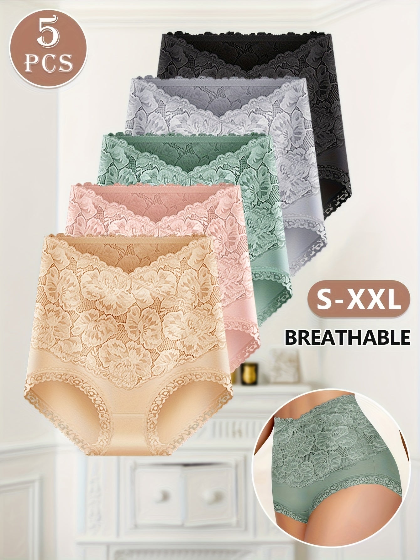 5pcs Women's High-Waisted Tummy Control Briefs - Soft Lace Trim, Butt-Lifting & Tummy Control, Elegant Lace Underwear For Everyday Comfort