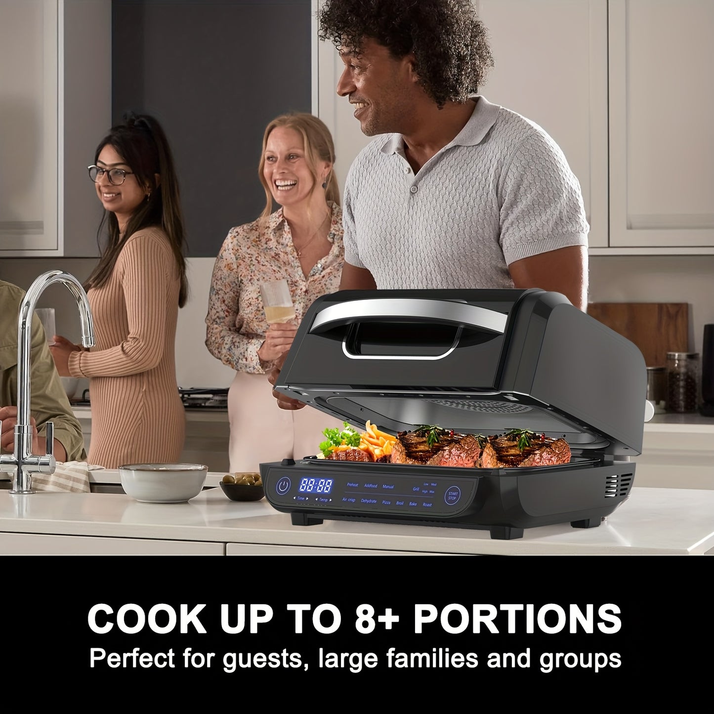 Fritadeira Elétrica 8 em 1 com Grelha e Ar Quente, Capacidade de 6L, Controlo por Toque, Temporizador de 120 Minutos, 1700W, Preta