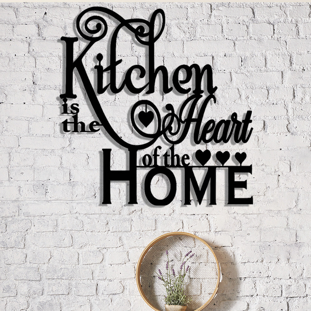 2D Flat, 1pc "Kitchen is the Heart of the Home" Metal Wall Decor - Elegant Script Kitchen Sign with Heart Accents - Durable Metal Art Plaque for Home, Cafe, Restaurant, Bar - Housewarming Gift for Cooks & Home Decorators, Caf