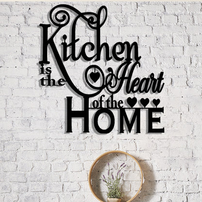 2D Flat, 1pc "Kitchen is the Heart of the Home" Metal Wall Decor - Elegant Script Kitchen Sign with Heart Accents - Durable Metal Art Plaque for Home, Cafe, Restaurant, Bar - Housewarming Gift for Cooks & Home Decorators, Caf