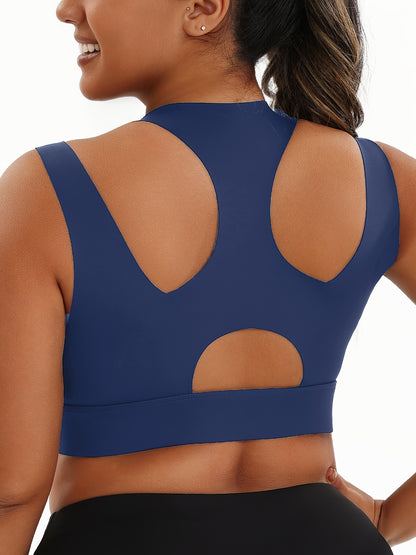 Women's Plus Size Sports Bra, Front Zip Closure, High Support Fitness Active Wear, Breathable Comfortable Lingerie, For Basketball Yoga Sports, Simple Look