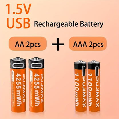 Pacote combinado de pilhas de lítio recarregáveis ​​​​PUJIMAX AA4255mWh + AAA1100mAh, 1,5V, 2+2/4+4/8+8 unidades, compatíveis com 90% dos dispositivos eletrónicos, duráveis ​​e de longa duração, com baixo consumo de energia.
