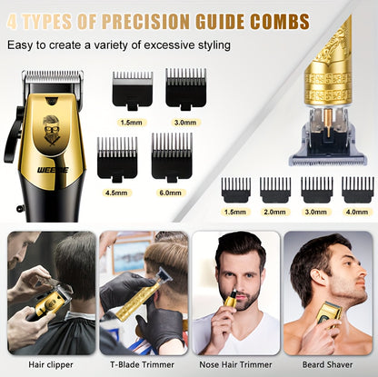 WEEME 4pcs Men'S Golden Electric Hairdresser Set, Household Beard Building Kit. Electric Hair Clipper + Electric Shaver + Electric Nose Hair Trimmer + Fine Trimmer. Used for Home, Car and Travel. Gifts for Fathers, Husbands,