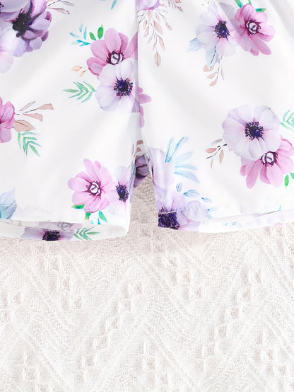 Girls' Summer Casual Floral Print Off-Shoulder Jumpsuit with Adjustable Waist Belt - Lightweight Breathable Shorts for Outdoor Play & Daily Wear, Blue & White Flower Design, Perfect for Weekend Outings, Cute Outfits for Girls