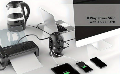 12-way power strip with 4 USB, multi-socket tower, 1.8m extension cable, power strip with double for Switch, desktop socket tower surge protection for garden, office, kitchen