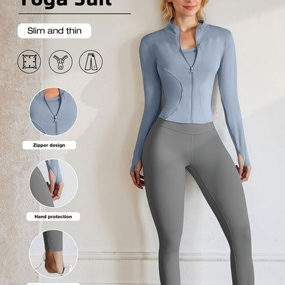 European Code Polyester Fabric Gym Running Clothes Long Sleeve Sports Jacket Cycling and Hiking Tightening Buttocks Pants Fitness Suit