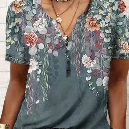 Floral Print Button Front T-Shirt, Casual Short Sleeve T-Shirt For Spring & Summer, Women's Clothing