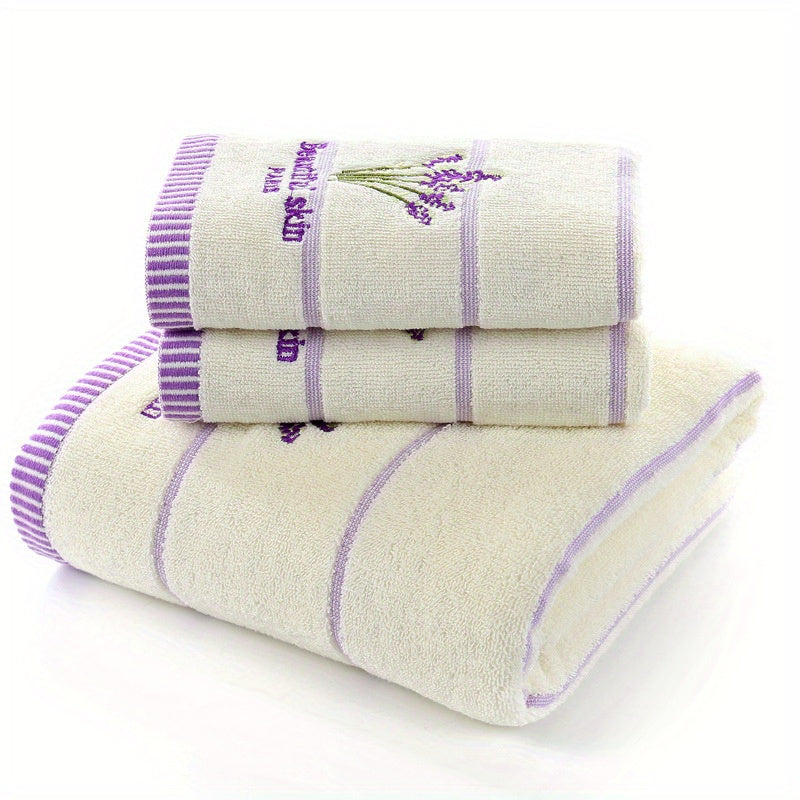 3pcs Lavender Pattern Towels Set, Including Bath Towel 70.0*140.0cm, 2 Face Towels 34.01*73.99cm, Bathroom Comfortable Soft Fabric Towels, Bathroom Supplies