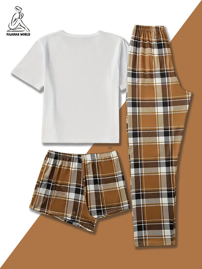 Women'S Casual Cartoon Bear & Plaid Pajama Set - Soft, Loose-Fit Short Sleeve Top with Elastic Waistband, Long Pants & Shorts, Cozy Fall/Winter Sleepwear