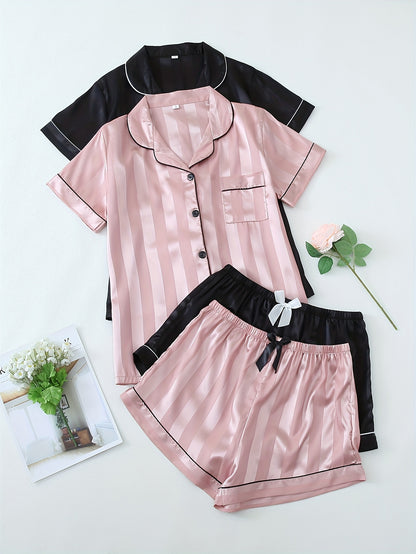 2 Sets Women's Striped Satin Casual Pajama Set, Short Sleeve Buttons Lapel Top & Shorts, Comfortable Relaxed Fit