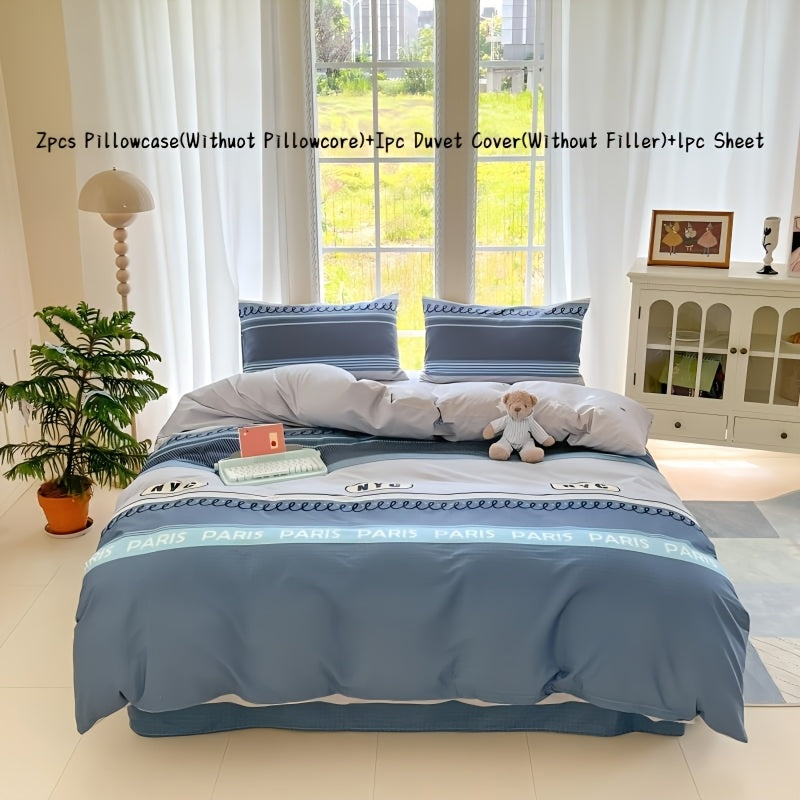 Four Seasons Beige-Friendly Printed Brooklyn Pattern Flannel Set, 4pcs 100% Cotton, 1 Duvet Cover + 2 Pillowcases + 1 Fitted Sheet, Soft and Delicate, Breathable and Sweat-Wicking, Simple and Elegant, Machine Washable,  Beddi