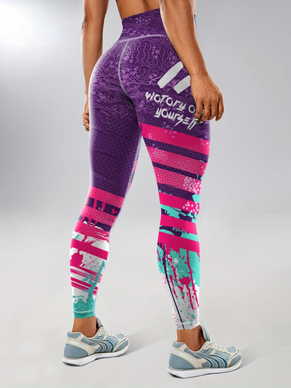 Women's Fashion Color Block Splash Print Yoga Pants, Striped Print Breathable Stretchy Butt Lifting Yoga Workout Running Sports Leggings, Women's Activewear