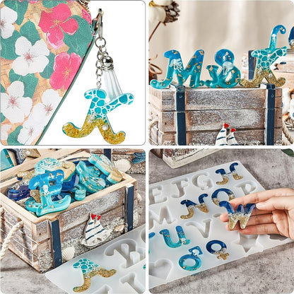 168pcs Obverse Alphabet Resin Molds Kit, Silicone Molds for Resin Casting DIY, Letter & Ornament Epoxy Molds Resin Keychain Making Set with 1 Hand Drill 2 Drill Bits 164pcs Keychain Supplies