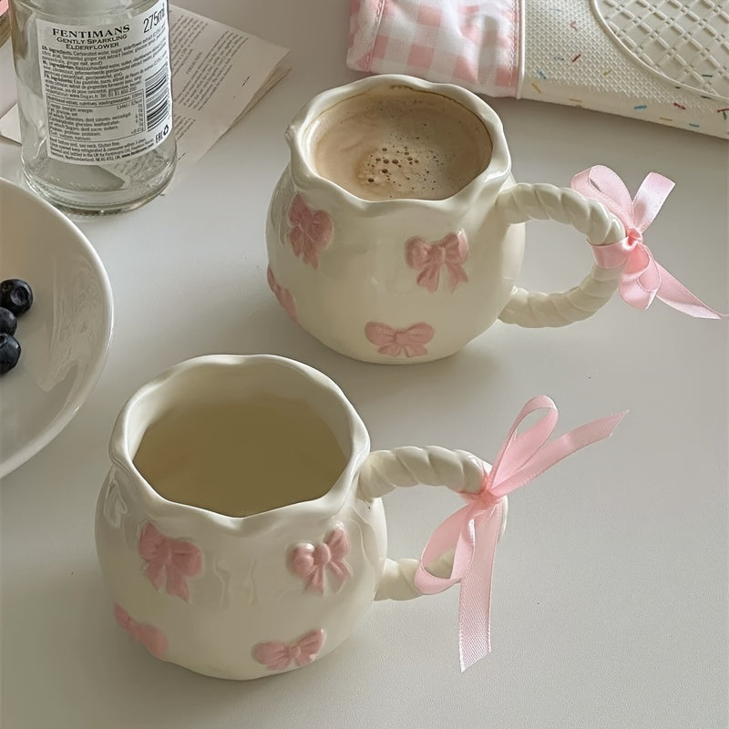 1pc Handmade Irregular Bow Ceramic Mug, 340ml, Geometric Pattern, Microwave Safe, Machine Washable, Reusable, Perfect for Home Kitchen, Dorm Breakfasts, Birthday, Christmas, Thanksgiving, Valentine's Day, Mother's Day, Gradua