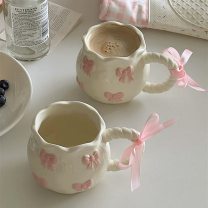 1pc Handmade Irregular Bow Ceramic Mug, 340ml, Geometric Pattern, Microwave Safe, Machine Washable, Reusable, Perfect for Home Kitchen, Dorm Breakfasts, Birthday, Christmas, Thanksgiving, Valentine's Day, Mother's Day, Gradua