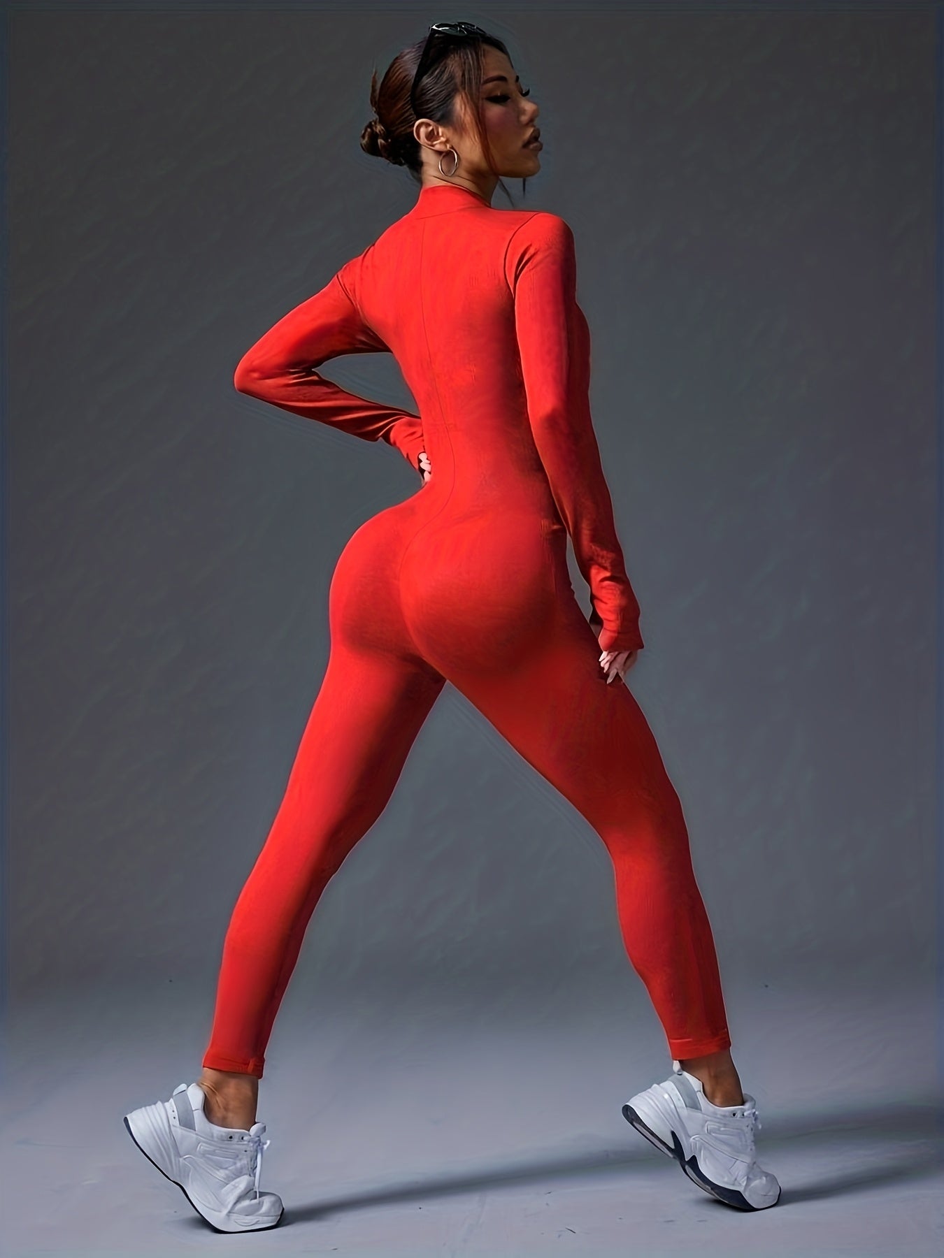 Women's Full-Length Zipper Jumpsuit - Full-Body Compression-like Fit (Tummy Control) - High-Elasticity Slim-Fit Long Sleeve Athleisure Suit for,, Dance - All-Season Outfit ( swear) - Easy-Care (No Bulk) -