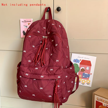 HUOHUO Large Capacity Backpack - Stylish Red & White Quilted Design with Star & Bow Accents, Adjustable Straps, Multiple Compartments, Perfect for School, Commuting, and Everyday Use, Backpack for School, Commuter Bag, Playfu